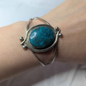 Navajo Unmarked Sterling Silver Turquoise Cuff